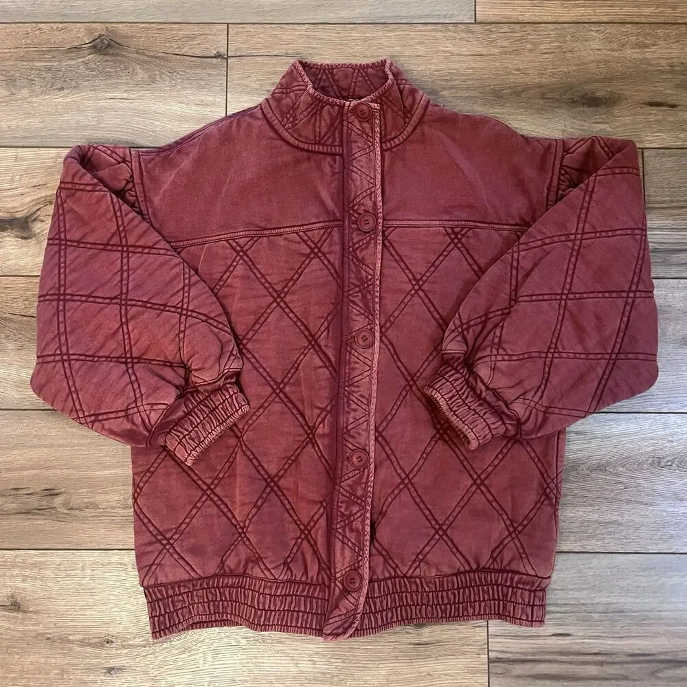 Free People Juno Quilted Red Burgundy Oversized Bomber Jacket Women's XS Cotton